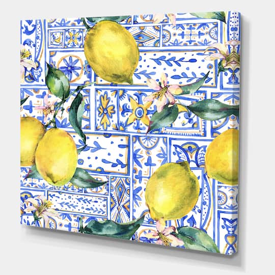 Designart - Lemon Ornament On Blue Geometrical Pattern I